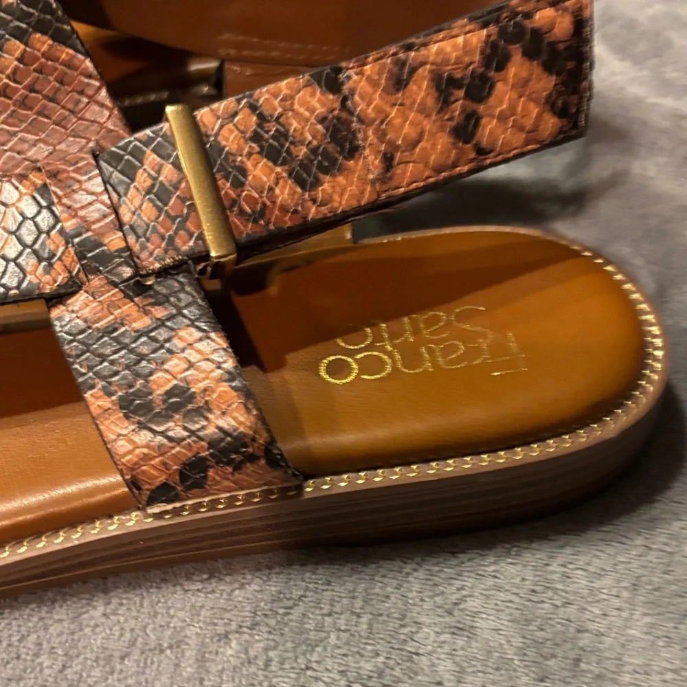 Franco Sarto Brown Snake-Print Leather Sandals - Picture 6 of 8